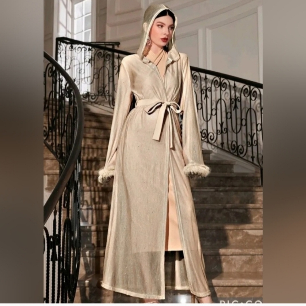 🔥Shein Elegant Beige Cocktail Dress with Long Gold Hooded Duster